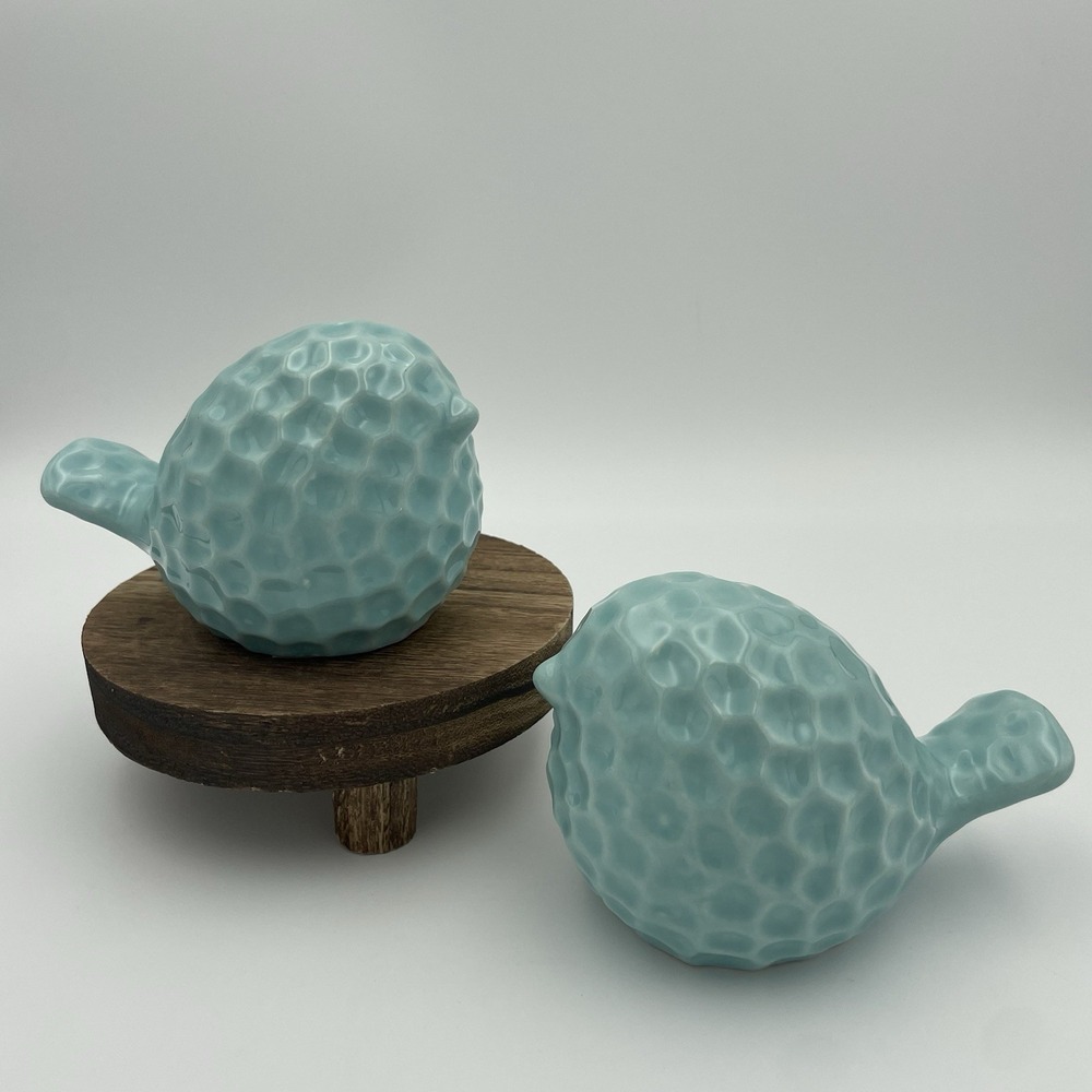 Blue Ceramic Bird Figurines Textured 3x4"Rustic Home Decor Set of 2 Hexagon New
